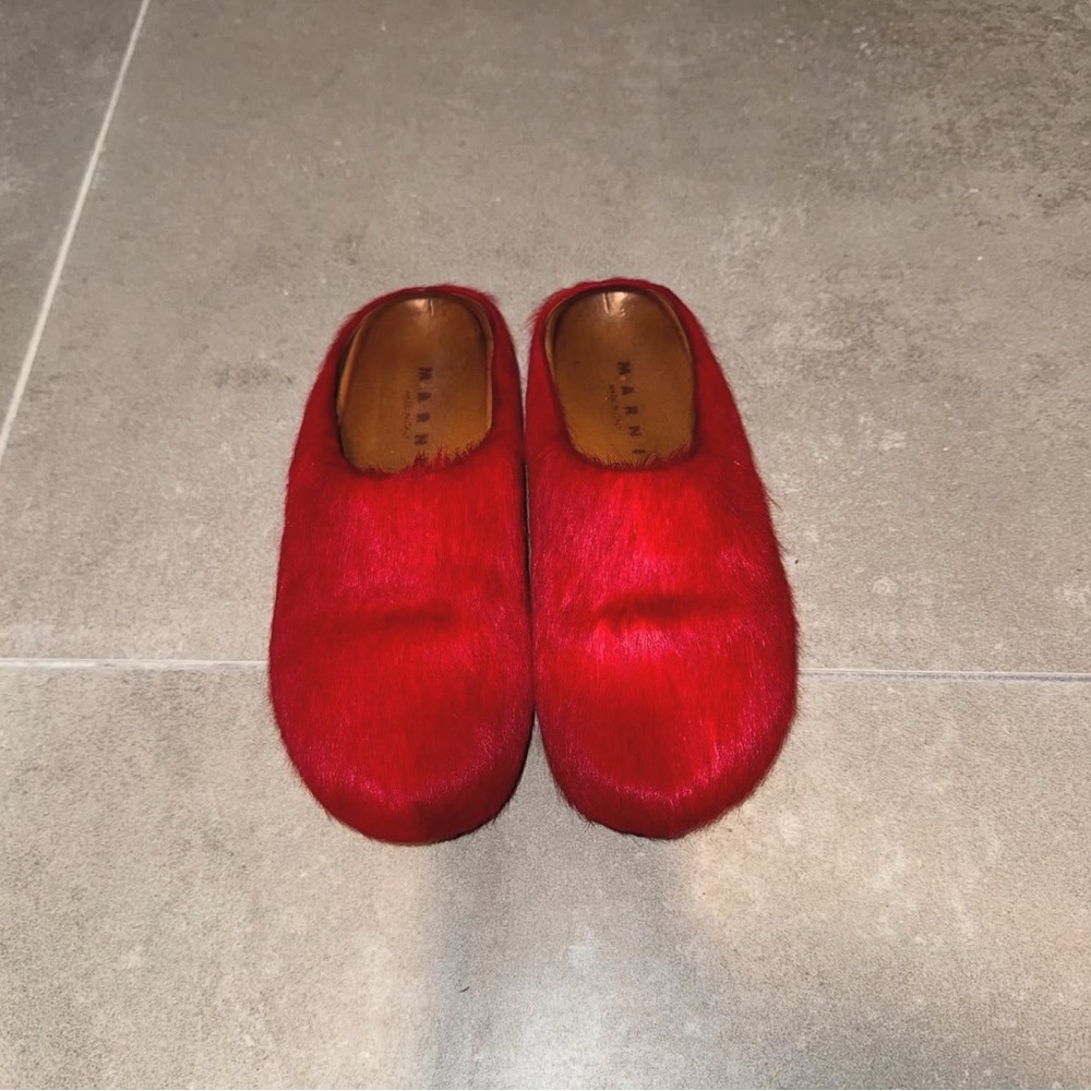Marni Vibrant Red Fur Slip-Ons